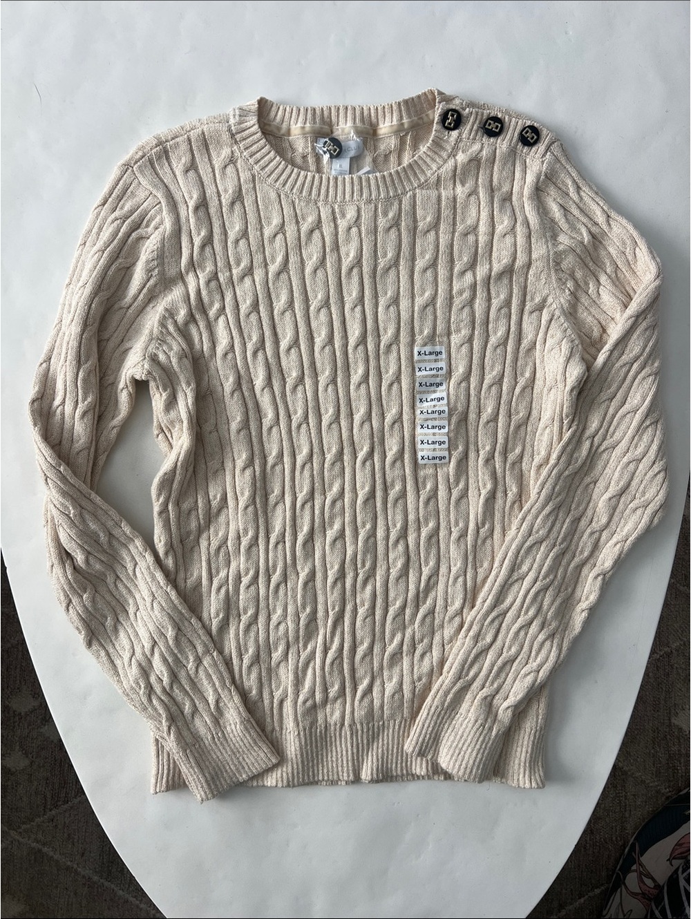 NWT Vintage Charter Club Cable Knit Cream Metallic Crewneck Sweater Button XL